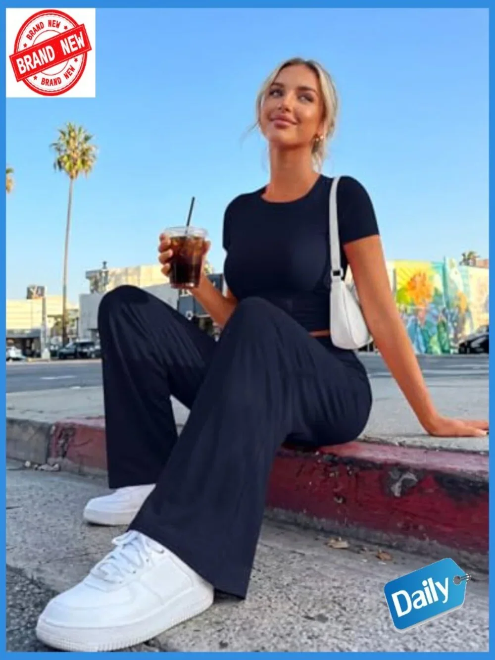 Women's 2 Piece Lounge Set Side Ruching Top Wide Leg Pants with Pockets